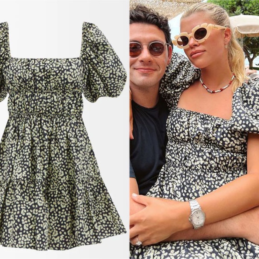 Matteau black floral mini dress w/ puff sleeve